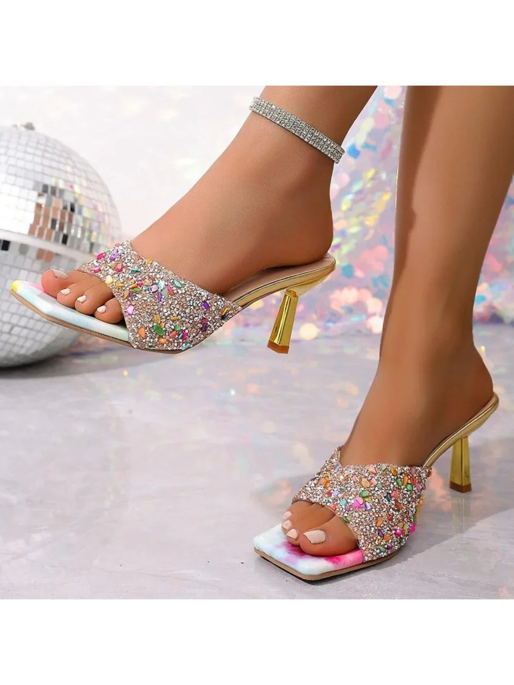Women's Multicolor Wide Strap Shiny Rhinestones Stiletto Sandals Square Open Toe